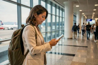 Femme consultant son téléphone dans un aéroport avant de partir en voyage, assurance voyage multirisques