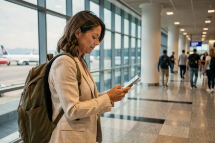 Femme consultant son téléphone dans un aéroport avant de partir en voyage, assurance voyage multirisques