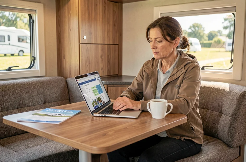 Femme consultant des avis clients sur une assurance camping-car depuis l'intérieur de son véhicule