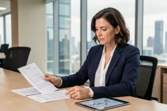 Femme cadre analysant des documents financiers pour souscrire une SCPI dans un bureau moderne
