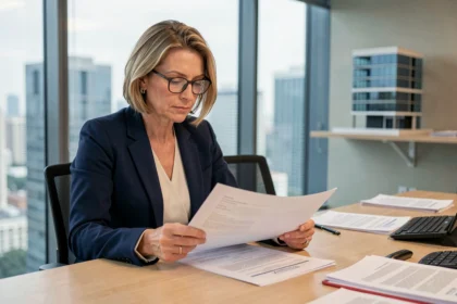 Femme cadre analysant des documents de placement immobilier collectif en SCPI dans un bureau moderne