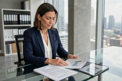 Femme cadre analysant des documents de placement en SCPI dans un bureau moderne avec vue sur la ville