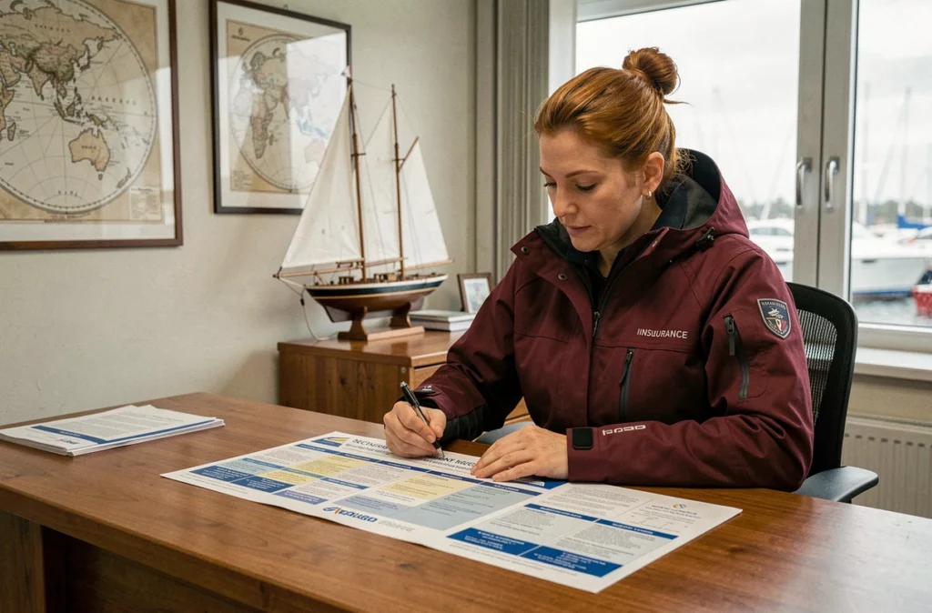 Femme en tenue de voile comparant des offres d'assurance bateau dans une agence spécialisée