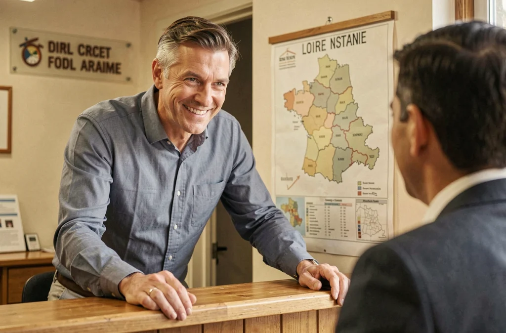 Agent Franck Thibault de Gan Assurances Montval-sur-Loir accueillant chaleureusement un client à l'agence locale