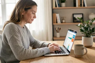 Femme gérant ses opérations bancaires en ligne sur un ordinateur portable depuis son bureau à domicile