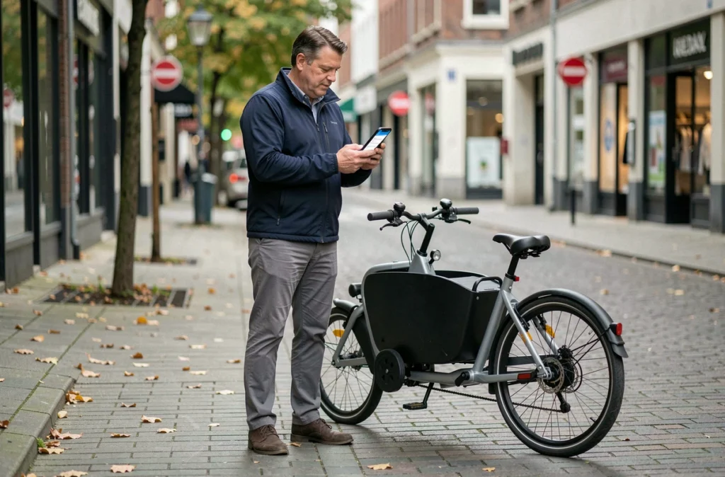 Homme consultant un comparateur d'assurance vélo électrique sur smartphone en ville