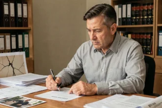 Un homme d'une cinquantaine d'années examine des documents juridiques liés à un défaut d'assurance décennale dans un bureau à domicile