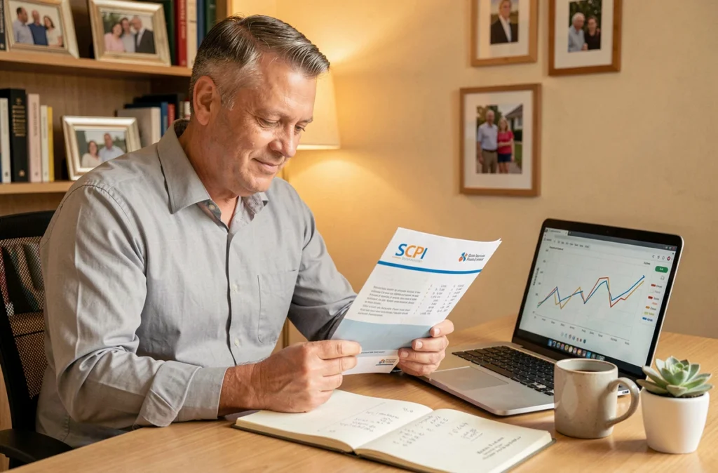 Homme étudiant un brochure de placement SCPI à son bureau à domicile avec graphiques de performance