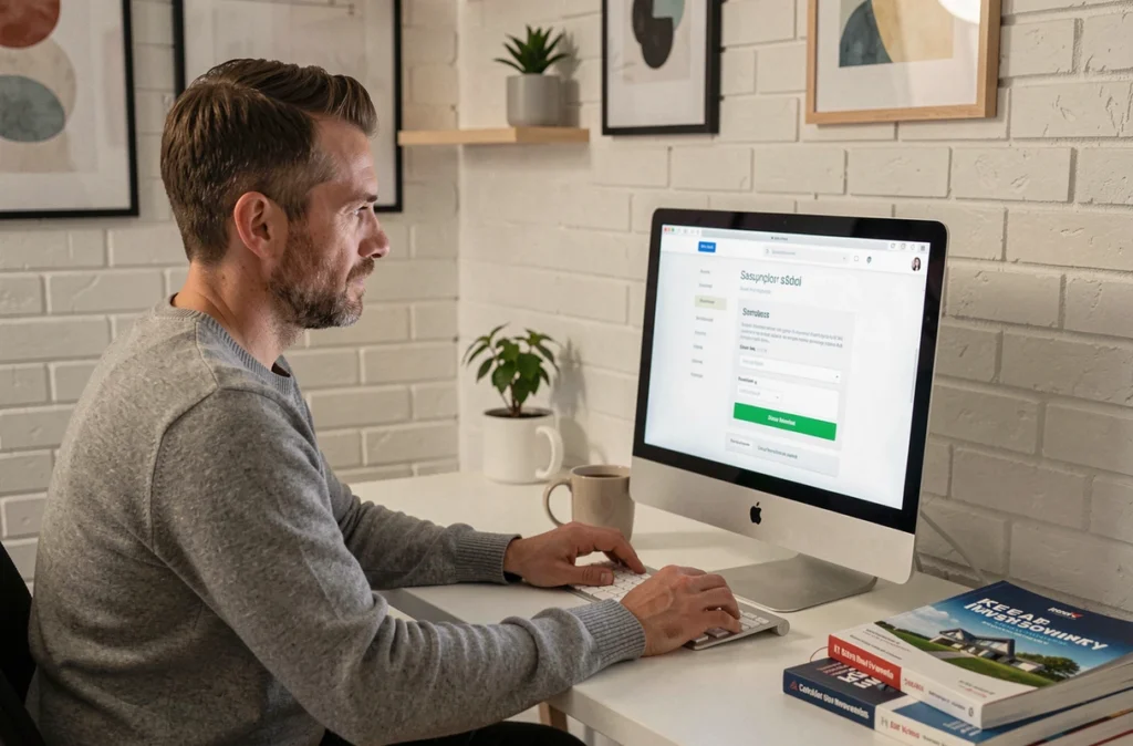Homme souscrivant une SCPI en ligne depuis son bureau à domicile via un formulaire numérique