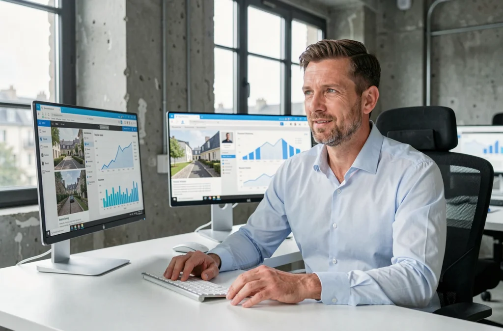 Conseiller ICD analysant des données d'investissement locatif sur des écrans dans un bureau moderne à l'atmosphère industrielle