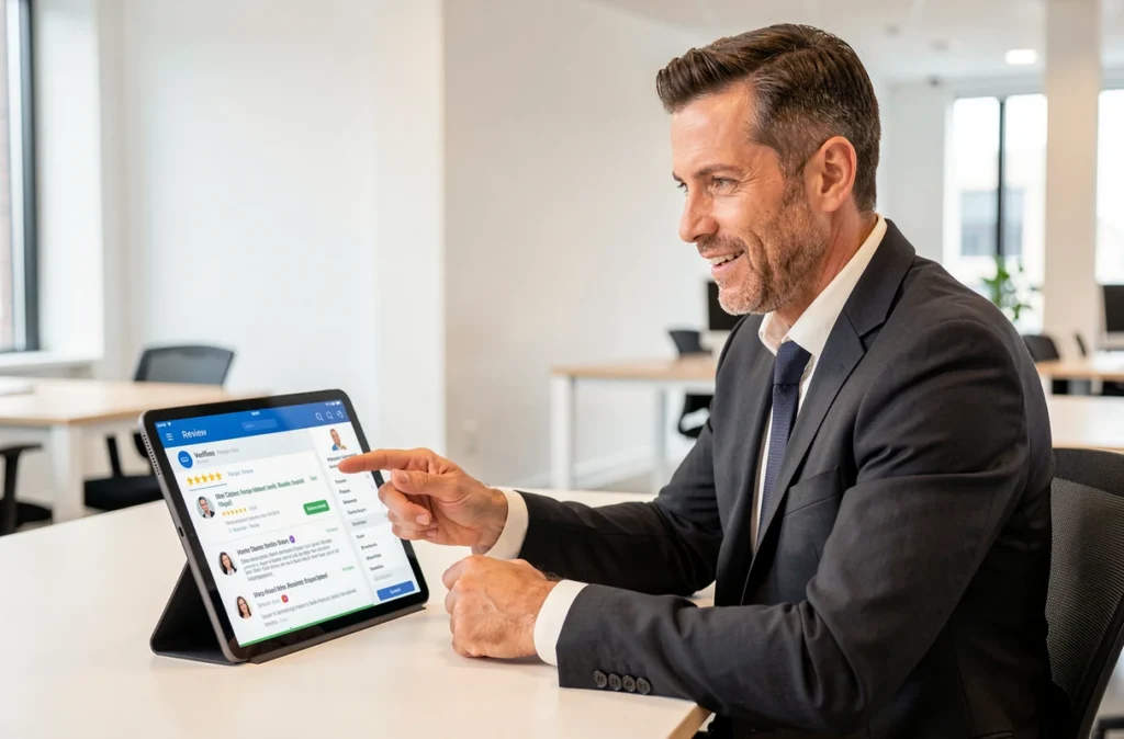 Courtier recommandé sur Immodvisor en Vendée présentant des avis clients vérifiés sur une tablette dans un bureau moderne