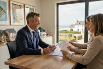 Conseiller en investissement locatif en Vendée discutant avec un couple autour de documents immobiliers dans un bureau moderne