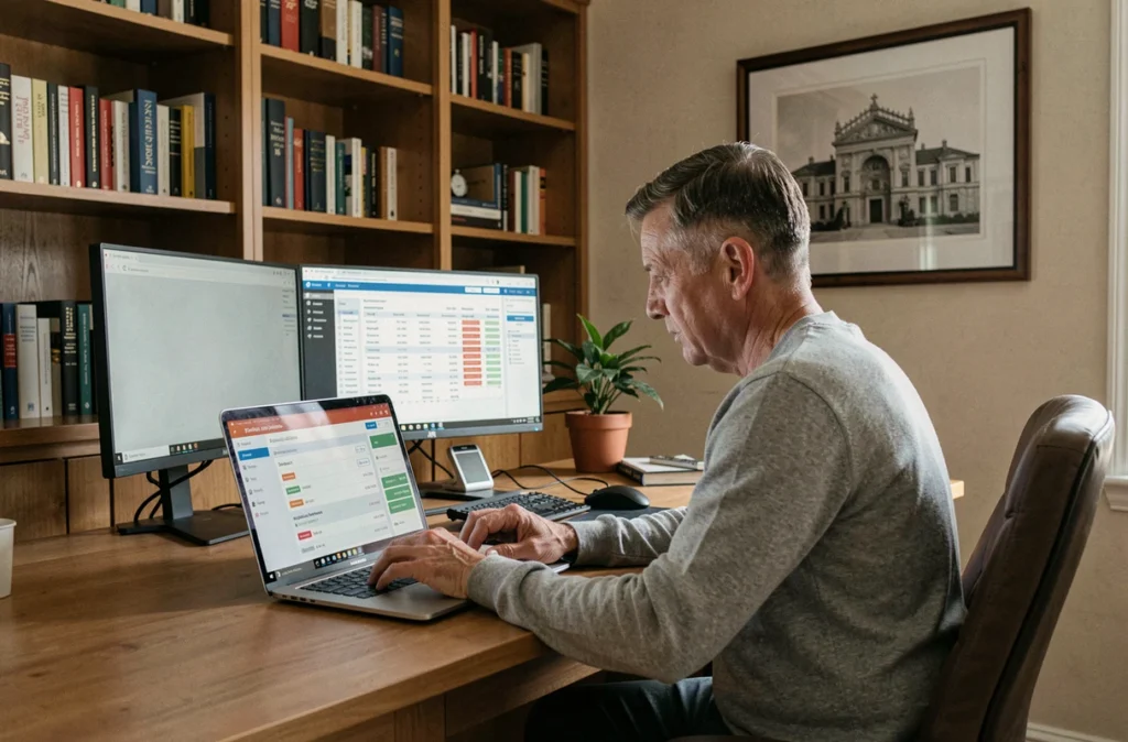 Investisseur particulier comparant des SCPI sur son ordinateur depuis son bureau à domicile pour souscrire un contrat Linxea Spirit