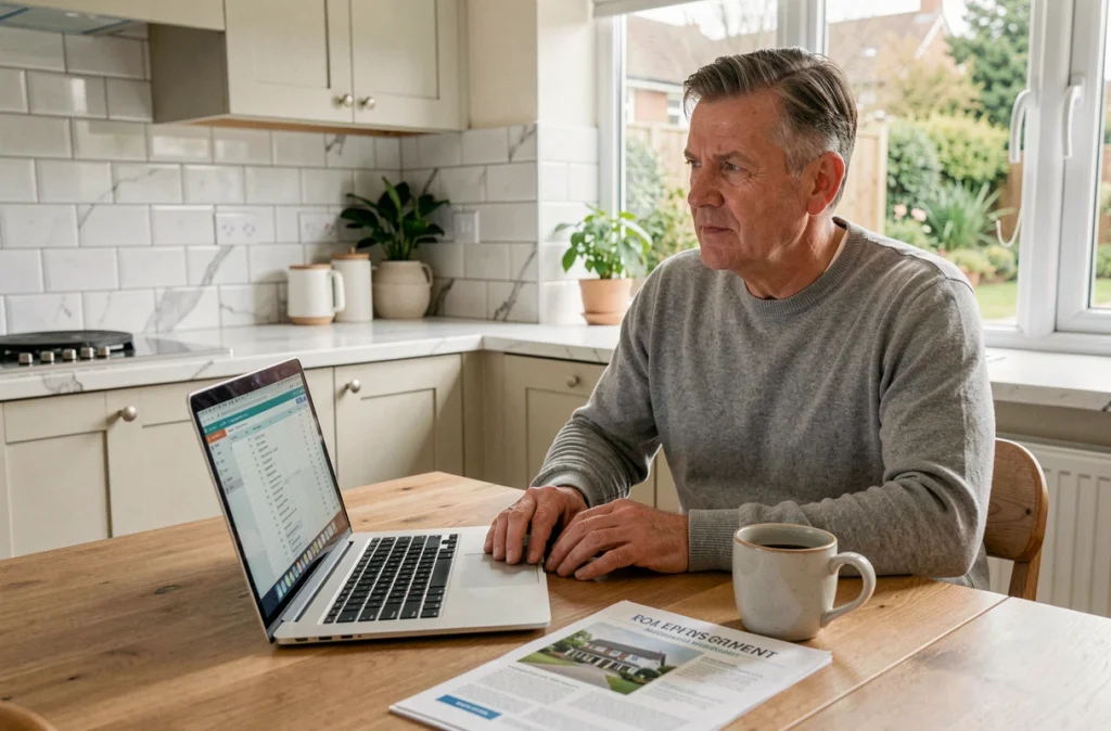 Homme consultant un tableau de bord de rendement immobilier SCPI sur ordinateur portable à la maison avec brochure d'investissement