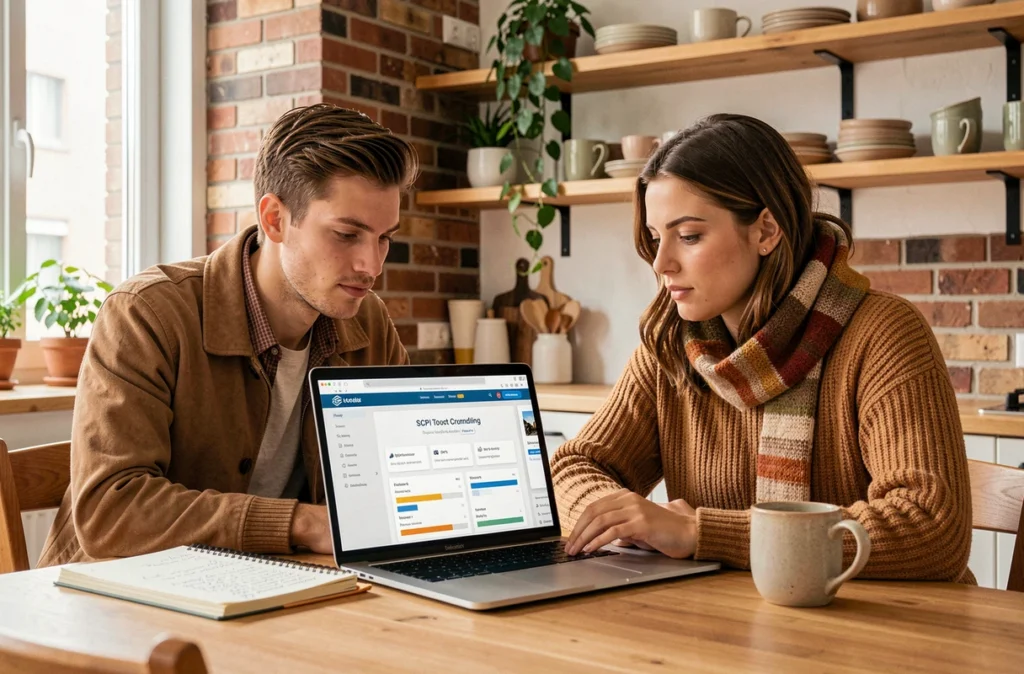 Jeune couple étudiant les options d'investissement en SCPI sur un ordinateur portable dans leur appartement