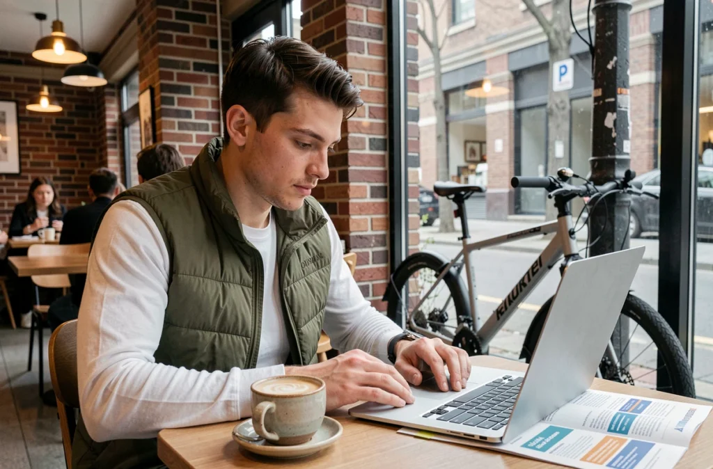 Jeune homme lisant des informations sur l'assurance vélo électrique dans un café