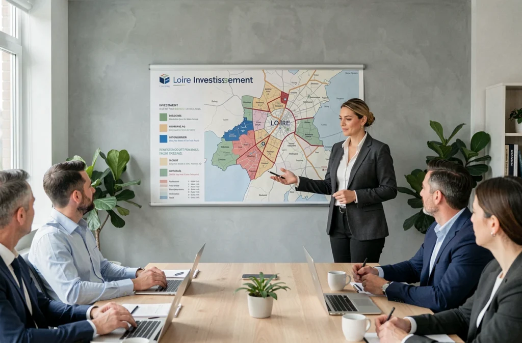 Conseillère de Loire Investissement présentant les zones d'investissement locatif sur une carte de la Loire à des clients