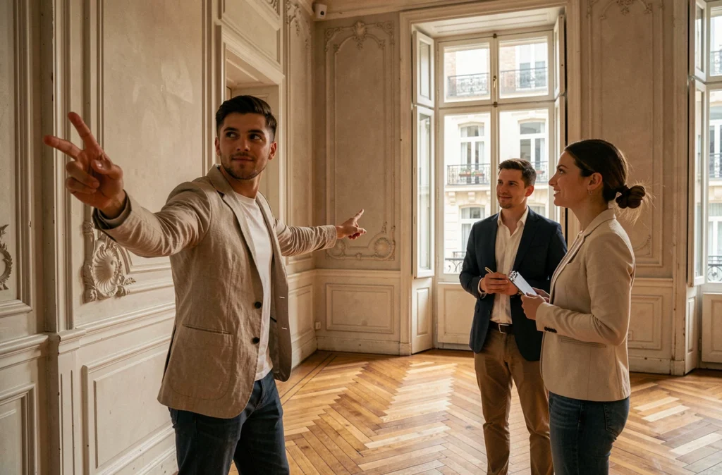 Agent de Maa Immobilier faisant visiter un appartement rénové du XIXe siècle à des investisseurs locatifs à Saint-Étienne