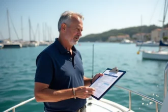 Propriétaire de bateau à moteur consultant un document d'assurance sur son embarcation dans une marina