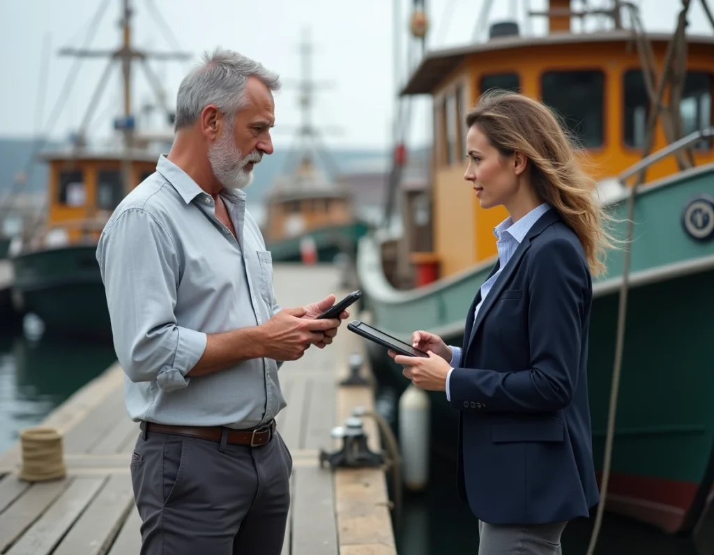 Propriétaire de bateau de pêche discutant d'une offre d'assurance avec un courtier sur un ponton