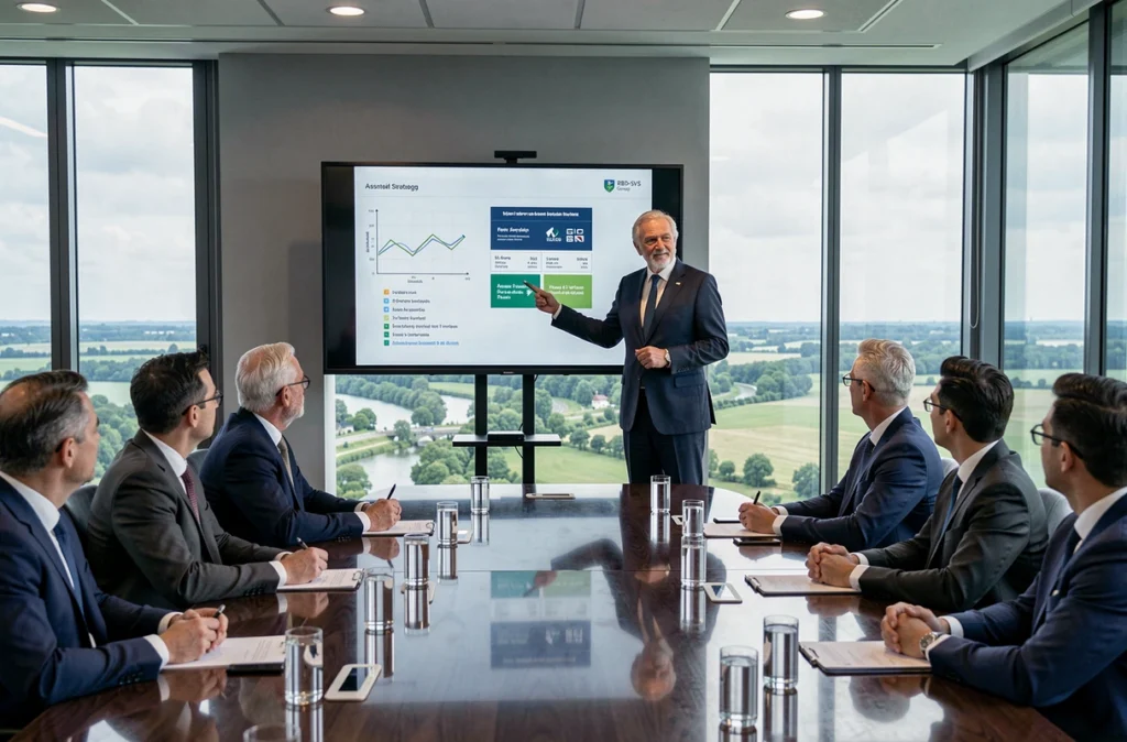 Directeur de RBD-SVS Group présentant une stratégie d'investissement locatif multi-actifs à des investisseurs dans une salle de conférence