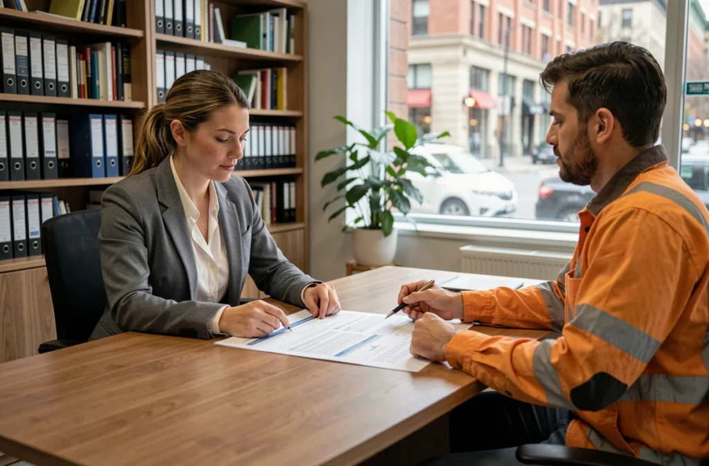 Courtière en assurance présentant une garantie décennale à un entrepreneur dans un bureau professionnel