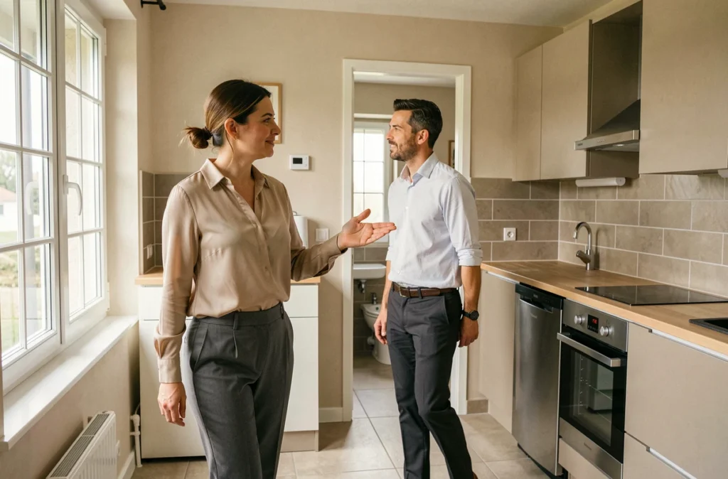 Conseillère de Sauzéa Immobilier faisant visiter un appartement locatif rénové à un investisseur dans la Loire