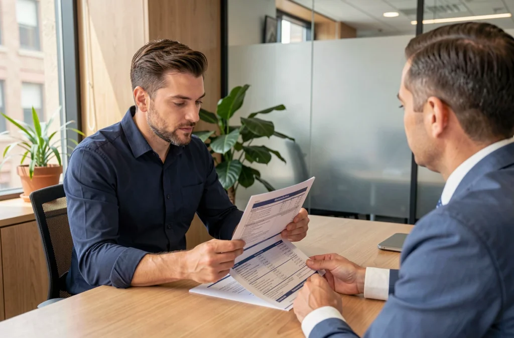 Homme en réunion avec un conseiller en assurance pour souscrire une assurance voyage multirisques