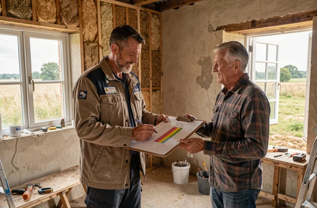 Spécialiste en rénovation énergétique en Vendée examinant des plans thermiques avec un investisseur dans une ferme en cours de rénovation
