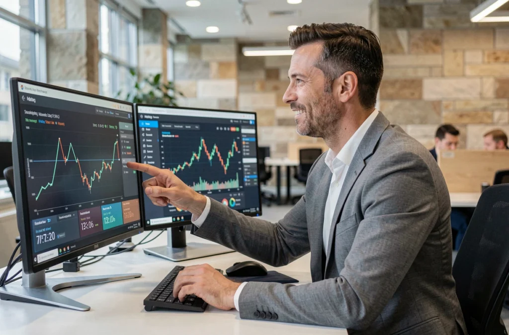 Analyste Trackstone examinant des graphiques de marché immobilier et des métriques d'investissement sur un double écran dans un bureau technologique