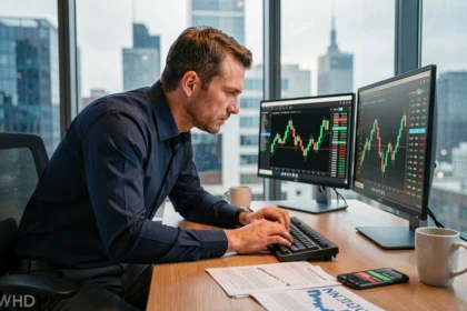 Trader analysant les cours boursiers de Jindofoyelaszoz Ltd sur double écran dans un bureau moderne en 2026