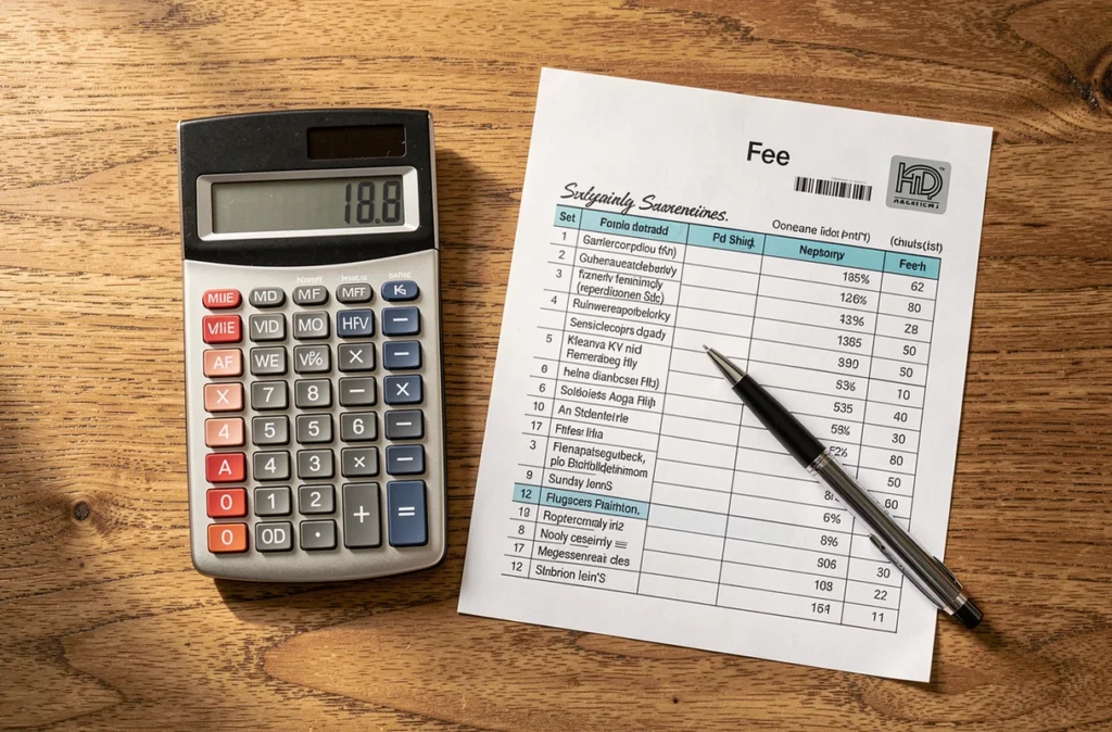 Calculatrice et tableau de frais posés sur un bureau