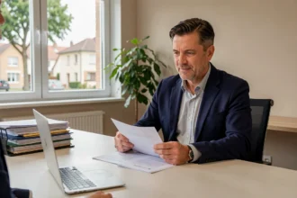 Courtier en assurance professionnel discutant d'un contrat avec un client dans un bureau moderne en Essonne