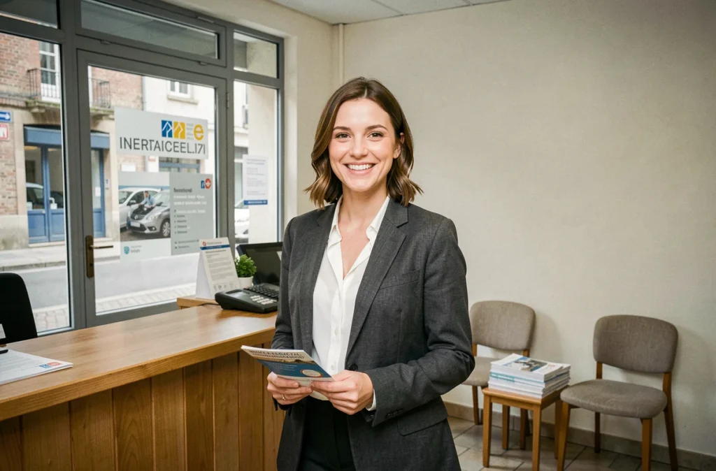 Courtière en assurance accueillant des clients dans une agence indépendante d'une ville de l'Essonne